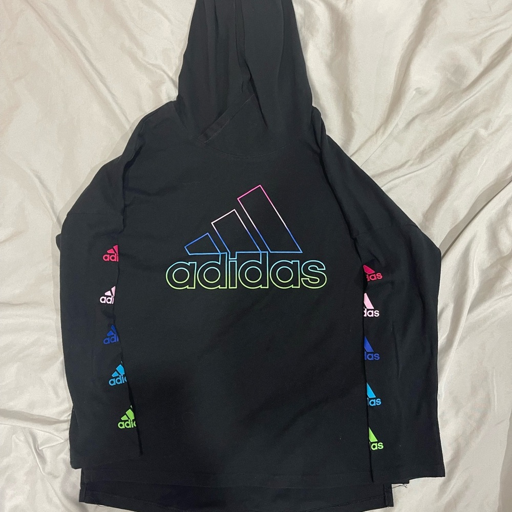 Girls Adidas Long Sleeve Hoodie with Colorful Logos, Size Medium 10/12